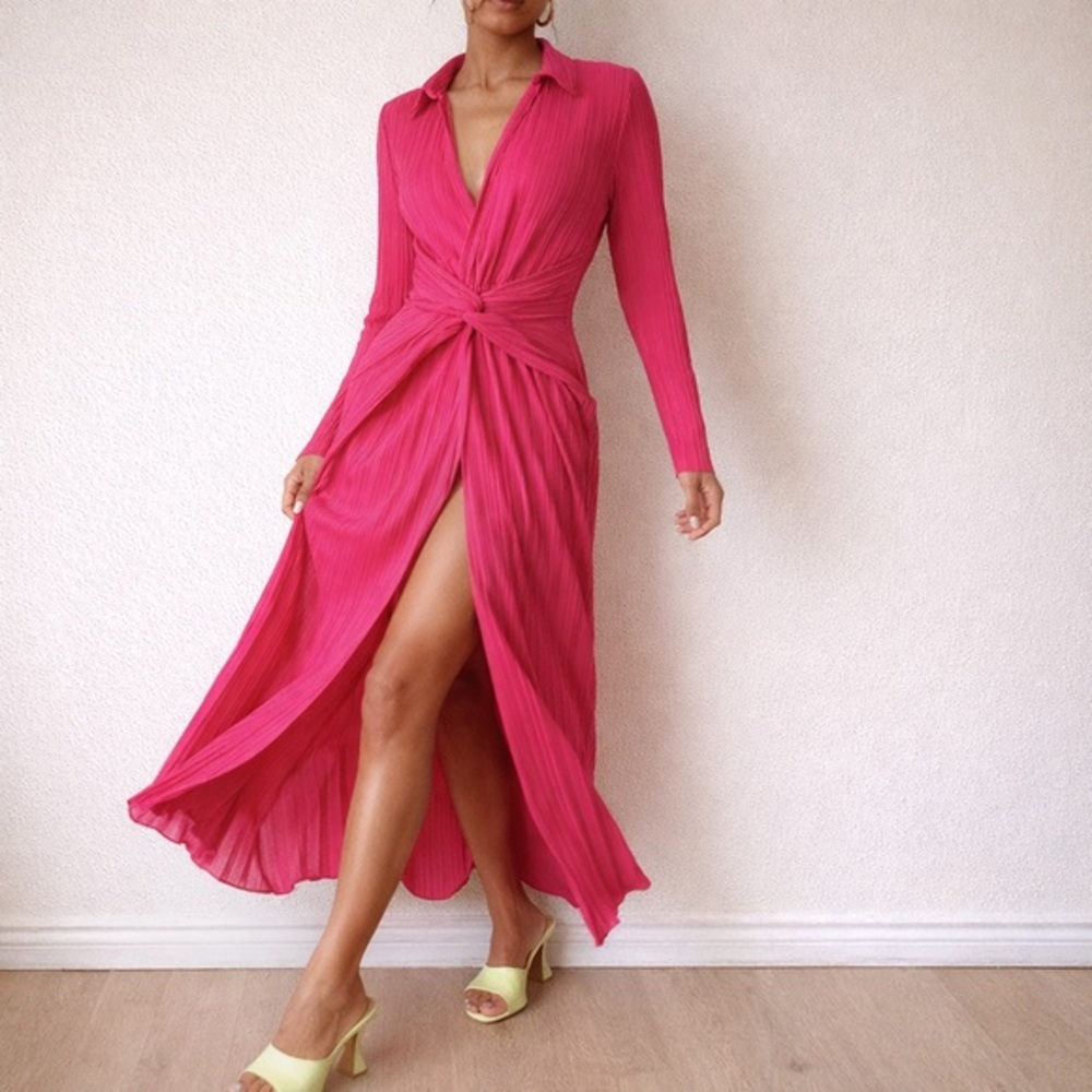 PrettyLittleThing Hot Pink Pleated Twist Front Maxi Dress